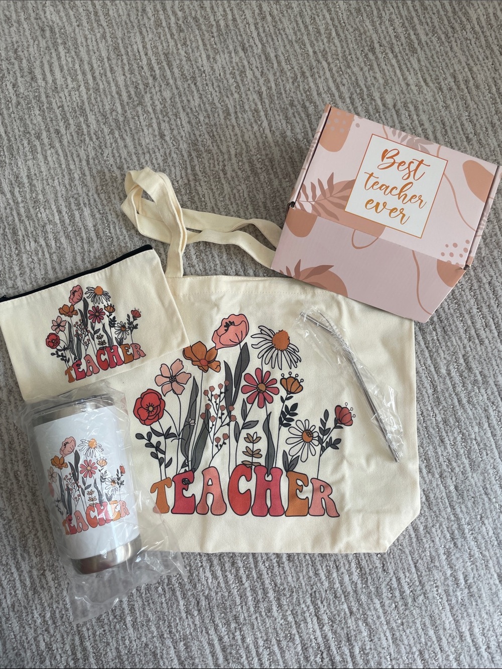 Amazon Cream Floral 'Teacher' Tote Set with Pink and Orange Blooms
